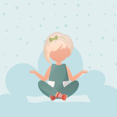 Küçük kız yoga yapıyor. Sevimli yoga, farkındalık ve rahatlama. Vektör illüstrasyonu.