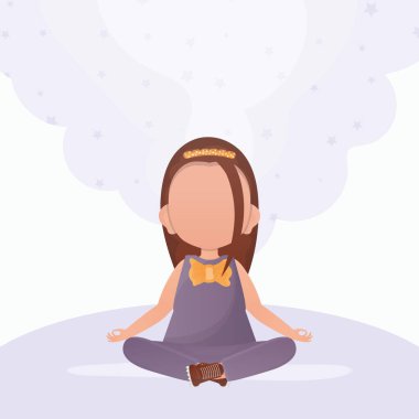 Lotus pozisyonunda yoga yapan küçük bir kız. Sevimli yoga, farkındalık ve rahatlama. Çizgi film biçimi.