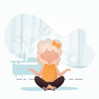 Lotus pozisyonunda yoga yapan küçük bir kız. Sevimli yoga, farkındalık ve rahatlama. Vektör illüstrasyonu.