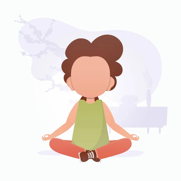 少女はヨガをしている 子供の瞑想 漫画風 — ストックベクタ