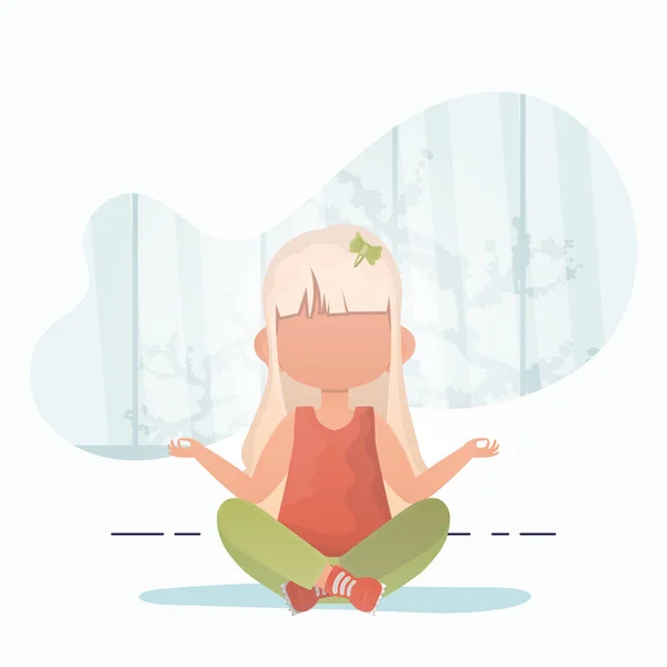 蓮の花でヨガをしている少女 子供の瞑想 漫画風 — ストックベクタ