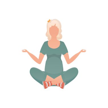 Lotus pozisyonunda oturan bir kadın. Beyaz arka planda izole edilmiş. Vektör.