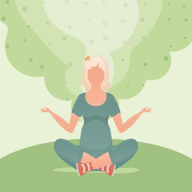 Kadın meditasyon yapıyor. Sakinlik ve sükunet kavramı. Çizgi film tarzında vektör illüstrasyonu.