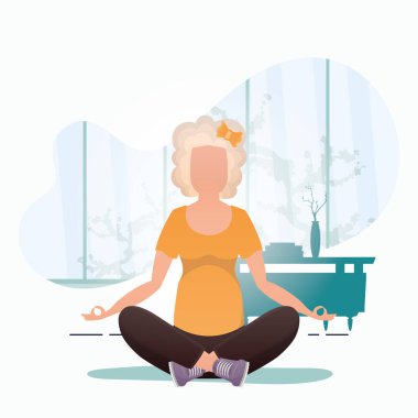 Yoga yapan bir kadın. Sağlıklı yaşam tarzı kavramı. Çizgi film tarzında vektör illüstrasyonu.