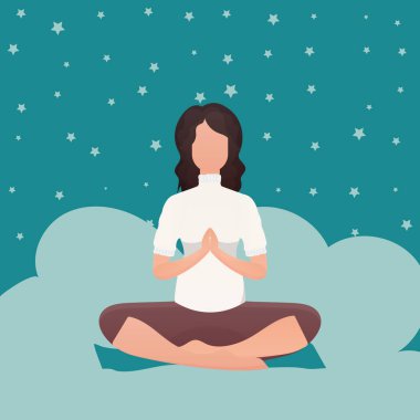 Lotus pozisyonunda yoga yapan bir kadın. Sakinlik ve sükunet kavramı. Çizgi film biçimi.