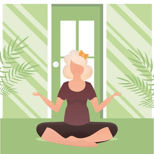Woman Sits Lotus Position Concept Calm Tranquility Vector Illustration Cartoon — Stock Vector