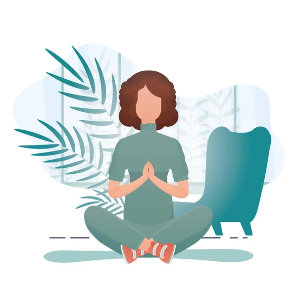 Woman Sits Lotus Position Healthy Lifestyle Concept Cartoon Style — Stock Vector
