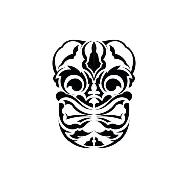 Kalıp maskesi. Geleneksel totem sembolü. Siyah süs. Beyaz arkaplan üzerinde vektör.