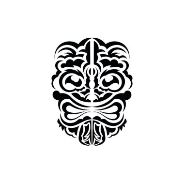 Kalıp maskesi. Eski kabilelerin tarzında siyah dövme. Siyah süs. Beyaz arkaplanda izole edilmiş vektör.