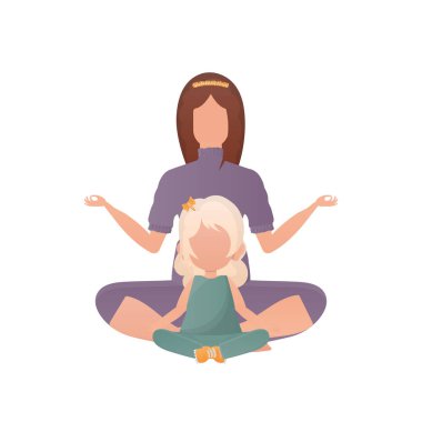 Anne ve kızı meditasyon yapıyorlar. Çizgi film tarzı. Beyaz arka planda izole edilmiş. Önceki resimleme.