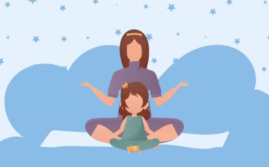 Anne ve kızı lotus pozisyonunda oturuyorlar. Çizgi film tarzı. Spor yaşam tarzı. Vektör illüstrasyonu.
