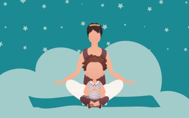 Anne ve kızı meditasyon yapıyorlar. Çizgi film tarzı. Meditasyon ve konsantrasyon konsepti. Vektör illüstrasyonu.