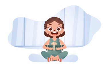 Küçük mutlu bir kız elinde bir hediyeyle lotus pozisyonunda oturur. Vektör.