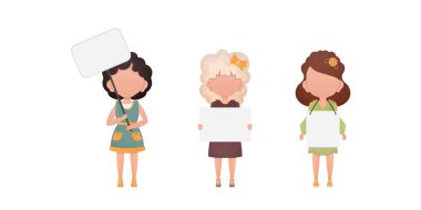 Boş bir pankartıyla sevimli küçük bir kız ayarla. Vektör.