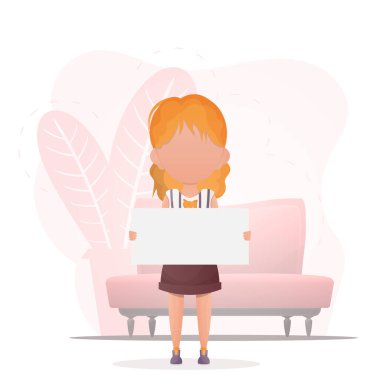 Mesajın için boş posteri olan sevimli küçük bir kız. Çizgi film tarzında dizayn. Vektör illüstrasyonu.