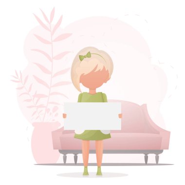 Boş posterli çocuk kız. Çizgi film tarzında dizayn. Vektör.