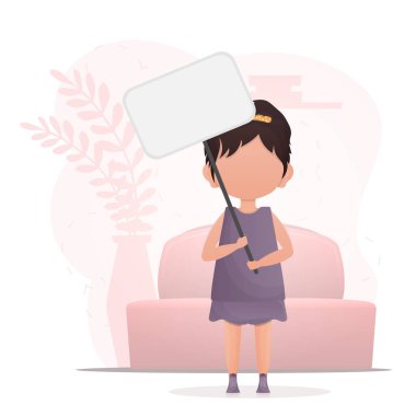 Boş afişi olan küçük kız. Çizgi film tarzında dizayn. Vektör illüstrasyonu.