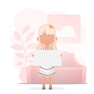 Mesajın için boş afişi olan küçük kız. Çizgi film tarzında dizayn. Vektör.