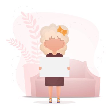 Boş afişi olan sevimli küçük bir kız. Çizgi film tarzında dizayn. Vektör.