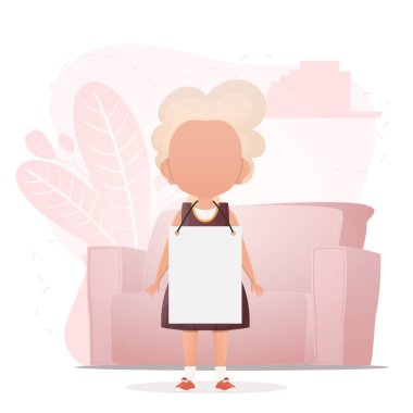 Mesajın için boş afişi olan sevimli küçük bir kız. Çizgi film tarzında dizayn. Vektör illüstrasyonu.