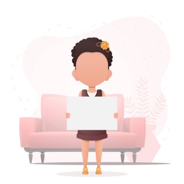 Boş afişi olan şirin küçük bir kız. Çizgi film tarzında dizayn. Vektör illüstrasyonu.