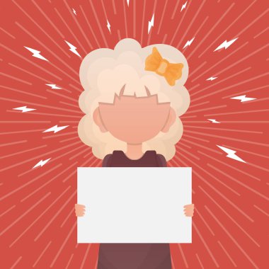 Boş pankartlı küçük kız. Çizgi film tarzında dizayn. Vektör illüstrasyonu.