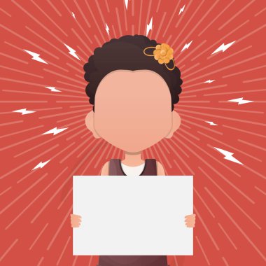 Boş afişi olan küçük kız. Çizgi film tarzında dizayn. Vektör.