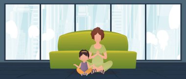 Anne ve kızı birlikte meditasyon yapıyorlar. Çizgi film tarzı. Vektör illüstrasyonu.