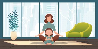 Anne ve küçük kızı birlikte meditasyon yapıyorlar. Çizgi film tarzı. Vektör illüstrasyonu.