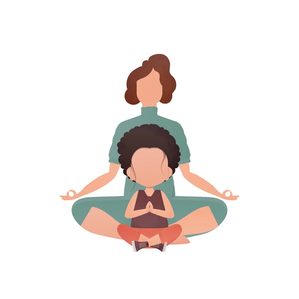 Mom Daughter Meditating Cartoon Style Isolated White Background Vector — ストックベクタ