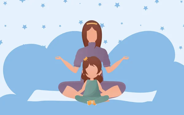 Mom Daughter Sit Lotus Position Cartoon Style Sports Lifestyle Vector — ストックベクタ