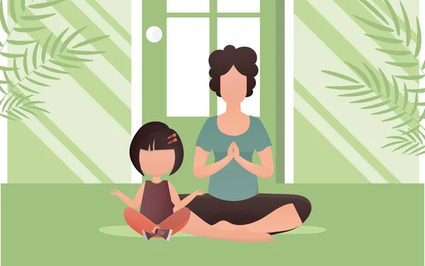 母と娘は蓮の花の位置に座っている 漫画風 瞑想と濃度の概念 ベクターイラスト — ストックベクタ