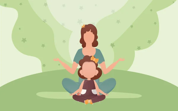 Мама Дочь Делают Йогу Положении Лотоса Стиль Картуна Концепція Медитації — стоковий вектор