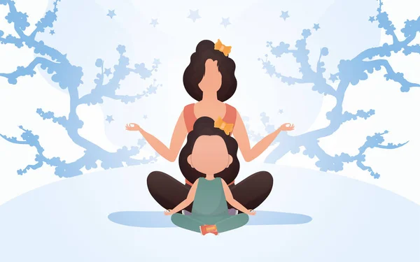 母親と娘は瞑想している 漫画風 スポーツライフスタイル ベクターイラスト — ストックベクタ