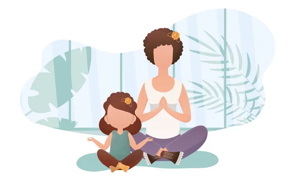 ママと娘はヨガをする 漫画風 瞑想と濃度の概念 ベクトル — ストックベクタ