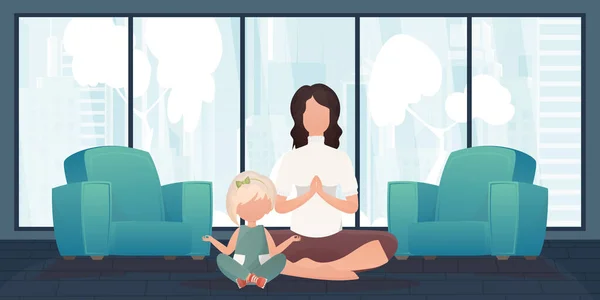 Mom Daughter Yoga Together Cartoon Style Vector — Stock Vector