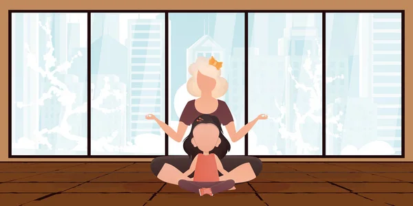 Mom Daughter Meditating Together Design Cartoon Style Vector Illustration — ストックベクタ