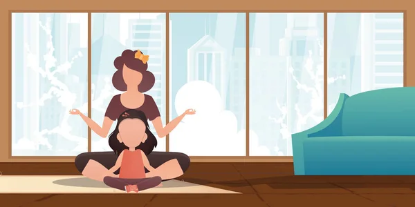 Мама Маленькая Дочь Медитируют Вместе Карикатурный Стиль Вектор — стоковый вектор
