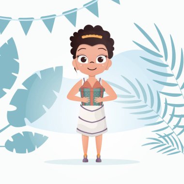 Elinde fiyonklu bir hediye kutusuyla gülümseyen küçük bir kız. Doğum günü. Çizgi film tarzı. Vektör illüstrasyonu