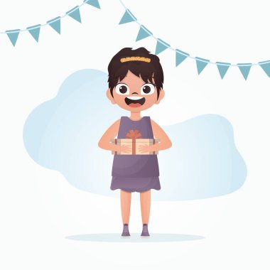 Elinde hediyeyle gülümseyen küçük bir kız. Doğum günü. Çizgi film tarzı. Vektör illüstrasyonu