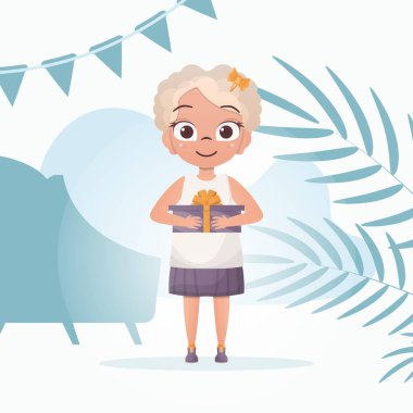 Elinde hediye kutusuyla gülümseyen küçük bir kız. Tatil günü. Düz stil. Vektör illüstrasyonu