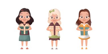 Bir grup küçük kız ellerinde yay olan bir hediye kutusu tutuyor. İzole edilmiş. Çizgi film tarzı. Vektör illüstrasyonu