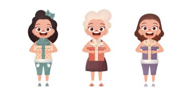 Bir grup küçük kız ellerinde bir hediye tutuyor. İzole edilmiş. Çizgi film tarzı. Vektör illüstrasyonu