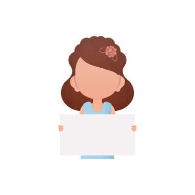 Little child girl holding an empty banner in her hands. Isolated. Flat style. Vector illustration