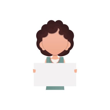 Little child girl holding a blank poster in her hands. Isolated on white background. Flat style. Vector illustration
