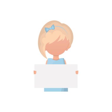 Küçük bir kız çocuğu elinde boş bir kağıt parçası tutuyor. Beyaz arka planda izole edilmiş. Düz stil. Vektör illüstrasyonu