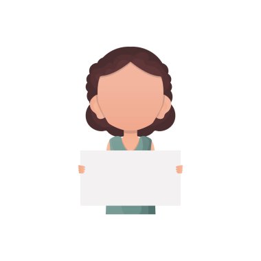 Küçük bir kız çocuğu elinde boş bir kağıt parçası tutuyor. İzole edilmiş. Çizgi film tarzı. Vektör illüstrasyonu