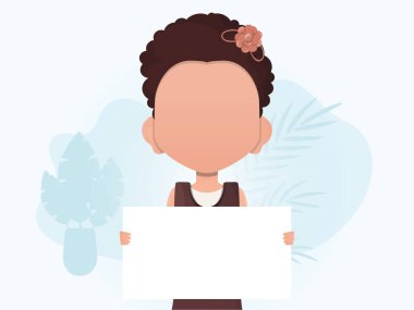 Küçük bir kız boş bir çarşaf tutuyor. Toplanın. Düz stil. Vektör illüstrasyonu