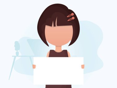 Küçük bir kız elinde boş bir çarşaf tutuyor. Reklam afişi. Düz stil. Vektör illüstrasyonu