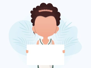 Küçük bir kız boş bir çarşaf tutuyor. Toplanın. Çizgi film tarzı. Vektör illüstrasyonu